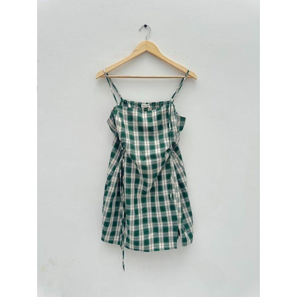 Stitch & Pine Plaid Cami Mini Dress Green White Ruched Side Ties Split XL